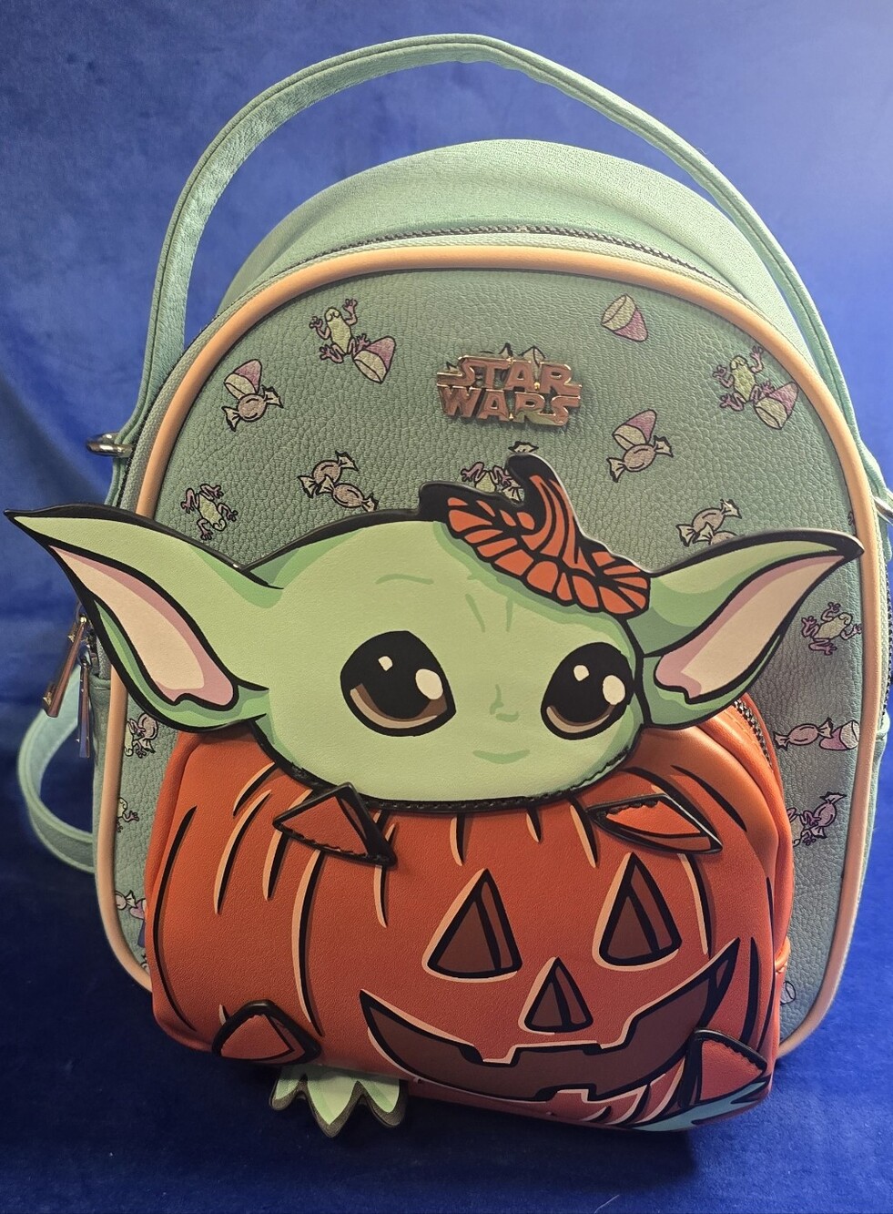 Star Wars Grogu Mint Green & Orange Halloween Pumpkin Kids Backpack